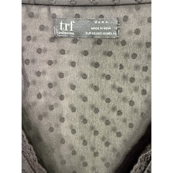 Zara Swiss Dotted Ruffle Detail Semi Sheer Long Sleeve V Neck Blouse XS Black - Picture 9 of 15